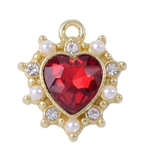Baroque style gold heart pendant with red crystal rhinestone and pearl beads border