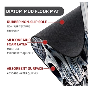 Three-layer diatomaceous earth bath mat showing anti-slip rubber base and skull pattern