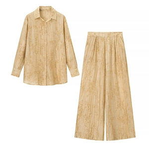 Women's casual long sleeve jacquard shirt and wide leg trousers two piece set in apricot