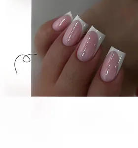 Detailed set of pink and white French tip square press-on nails in various sizes