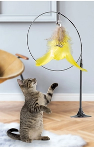 Cat feather toy with suction cup base and long steel wire wand for interactive play