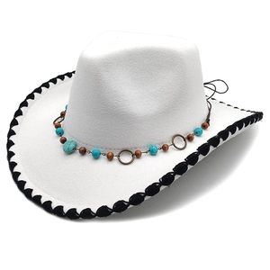 White felt western cowboy hat with turquoise beaded band and black scalloped edge trim