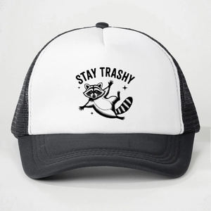 Classic black and white trucker hat featuring Stay Trashy raccoon print and mesh back
