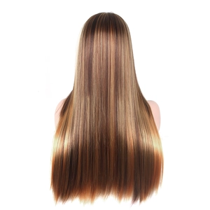 Rear view of sleek long straight hair wig with brown and blonde ombré highlights