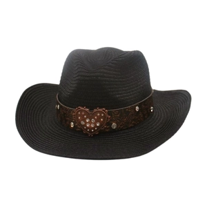 Detail of black straw cowboy hat featuring brown band and heart-shaped rhinestone buckle