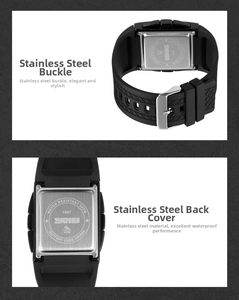 Detail of SKMEI sport watch showing stainless steel buckle and 3ATM waterproof back cover