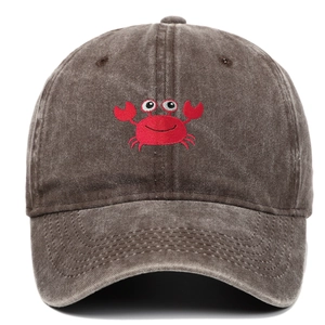 Washed cotton baseball cap in charcoal brown featuring a red crab embroidery logo