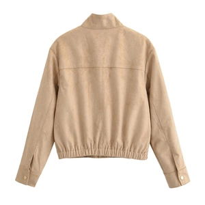 Minimalist beige suede jacket with stand collar and elastic hem on a white background