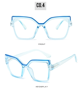 Front and 45-degree macro views of blue cat-eye frame glasses with metal hinges