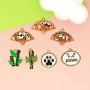 Panda and bamboo enamel alloy charms for DIY jewelry making in gold and green finish