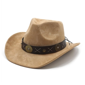 Western Cowboy Hat Suede Wide Brim Fedora With Leather Band Metal Studs Vintage Ethnic Style Outdoor Sun Hat