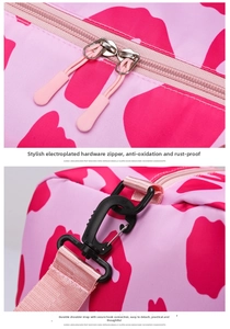 Detail of durable pink patterned fabric with rustproof metal zippers and strap clips