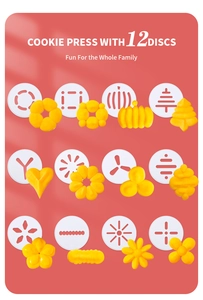 Cookie press set featuring 12 discs with various shapes for creative home baking DIY