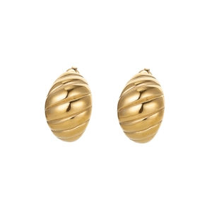 Detail showing high-gloss golden spiral texture earrings on white background