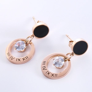 18K rose gold stainless steel earrings with Roman numerals, black disc, and zircon stone