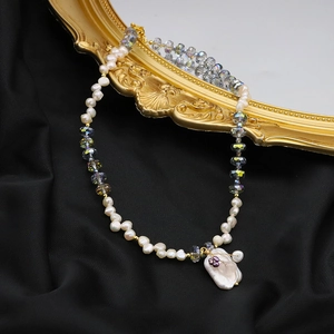 Baroque pearl necklace with square branch pendant and colorful crystal beads on silk