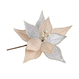 Silver and champagne burlap Christmas artificial flower with gold berries for holiday decor