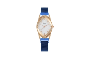Detail of rose gold diamond rhombus watch with navy blue milanese mesh band and white dial