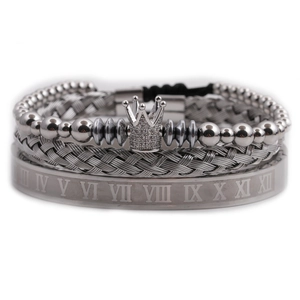 Men's silver Roman numeral cuff and braided crown bead bracelet 3-piece set