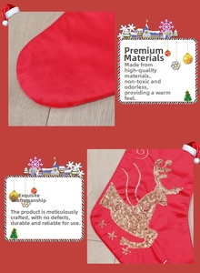Detail of red Christmas stocking featuring golden sequined reindeer embroidery design