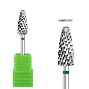 Macro detail of alloy nail drill bit with fine cross-cut texture and green storage case