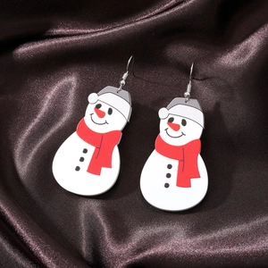 Cartoon Christmas snowman acrylic dangle earrings with festive red and white colors