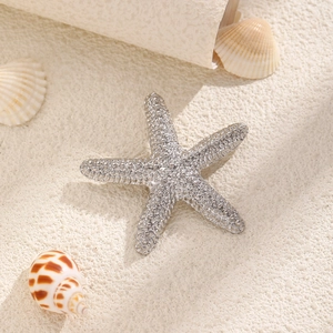 Macro shot of a starfish brooch with grainy metallic texture on a white sand beach background