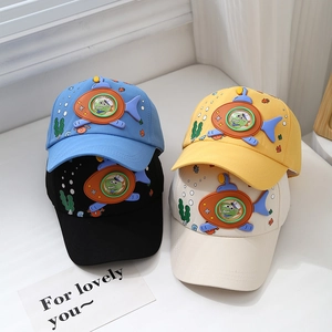 Kids dinosaur submarine baseball caps in blue, black, yellow and beige cotton fabric
