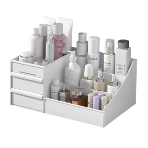 White desktop makeup organizer with double drawers and multi-grid storage compartments
