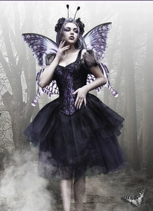 Gothic butterfly fairy costume with skull wings and lace tutu in misty forest