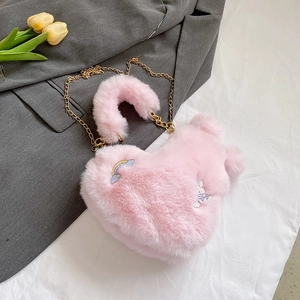 Pink heart-shaped faux fur crossbody bag with cute rabbit patches and gold chain strap