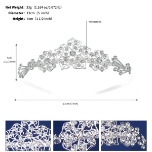 Detailed view of silver crown tiara with floral rhinestone inlay and dimensions info