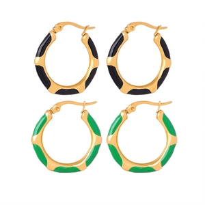 Minimalist gold-plated titanium steel hoop earrings with green and black enamel wave patterns