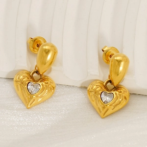 18k gold plated stainless steel hammered heart earrings with inlaid clear zircon stones