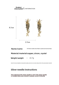 Detailed view of silver needle zircon flower earrings with measurements and size parameters