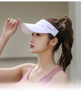 Detail of white sports visor with purple SPORTS embroidery on lightweight fabric