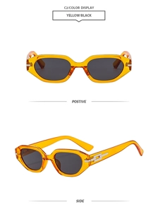 Detail view of yellow retro rectangular sunglasses with metallic geometric accents