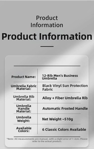 Detailed specifications table showing 12-rib structure and UV-proof black glue fabric coating