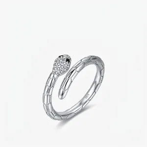 925 Sterling Silver Snake Ring For Women Adjustable Open Band Micro Paved Zircon Animal Style Jewelry Gift
