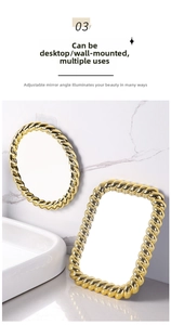 Golden vintage makeup mirror detail showing desktop stand and wall mount options