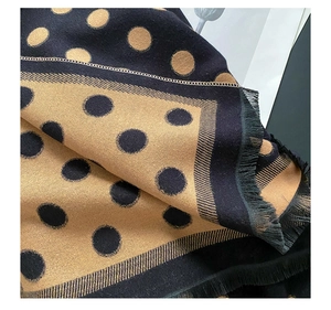 Detailed macro shot of vintage polka dot scarf with thick wool texture and fringe trim