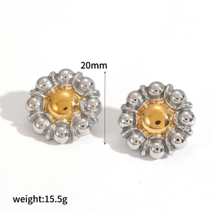 Two-tone petal-shaped sunflower earrings in gold and silver stainless steel, 20mm diameter