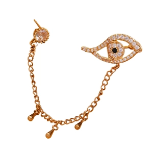 Golden Evil Eye ear cuff with chain earring featuring white zircon pavé and teardrops