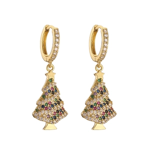 Festive gold Christmas tree drop earrings featuring colorful zircon stones and star top