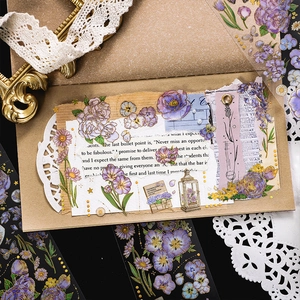Vintage floral PET stickers with gold foil details on a craft envelope and lace