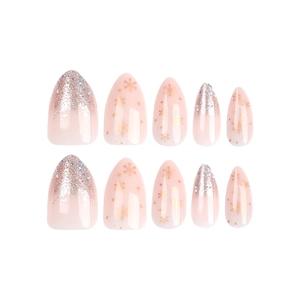 Pink almond fake nails with silver glitter gradient and gold winter snowflake designs