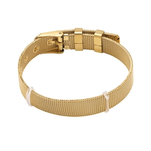 Gold stainless steel Milanese mesh watch strap with pin buckle on white background