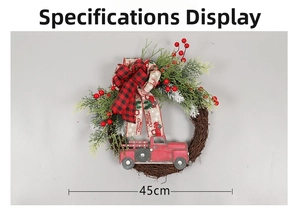 Detail of 45cm Christmas wreath with PE pine needles, red truck decor and plaid ribbon