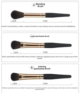 Detailed size specifications for eyeshadow brushes with fiber bristles and black handles