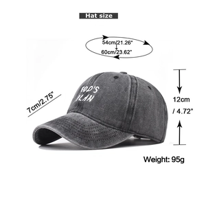 Size guide for dark grey washed cotton baseball cap with God's Plan embroidery detail